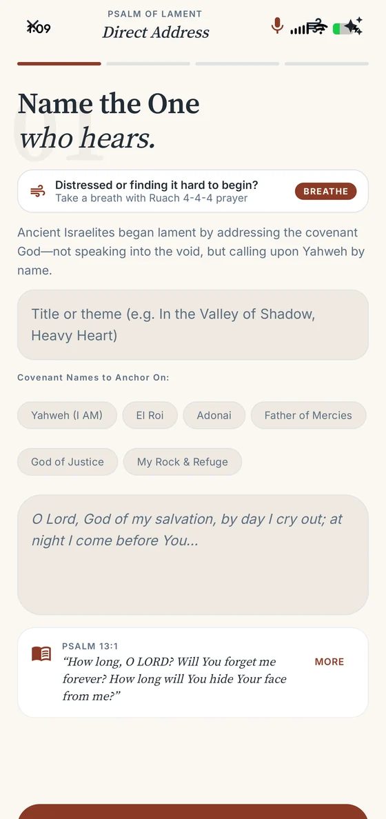 The composer on its first movement, headed &ldquo;Name the One who hears&rdquo;, with covenant names to choose from and Psalm 13 for reference.