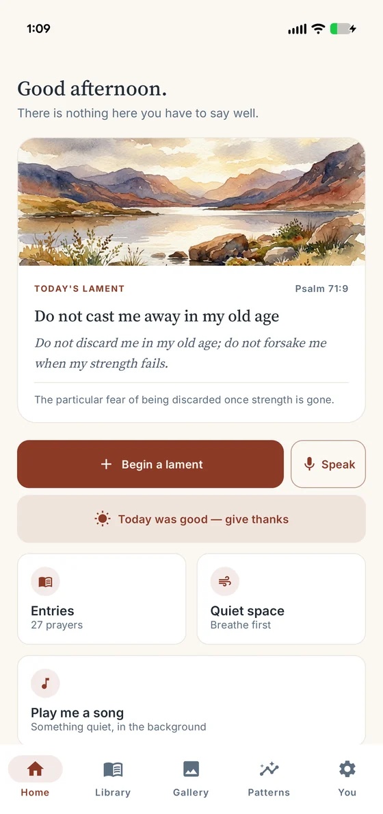 The Lament home screen: a watercolour above the day&rsquo;s passage from Psalm 71, with a button to begin a lament.